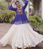 Blue Georgette Leheriya Print Katchi Peplum Blouse With Flared Lehenga