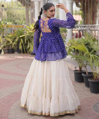 Blue Georgette Leheriya Print Katchi Peplum Blouse With Flared Lehenga 2