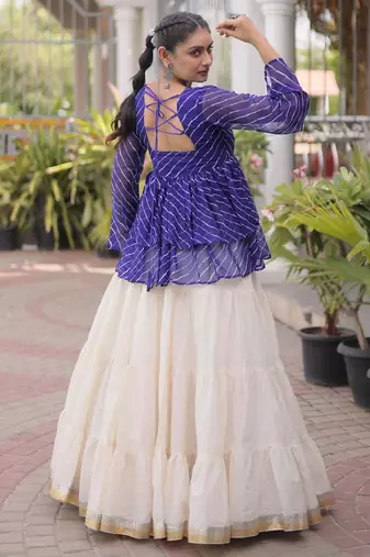 Blue Georgette Leheriya Print Katchi Peplum Blouse With Flared Lehenga