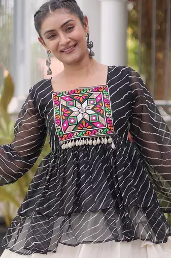 Black Georgette Leheriya Print Katchi Peplum Blouse With Flared Lehenga