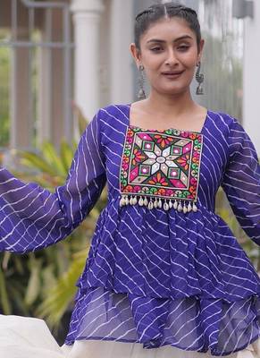 Blue Georgette Leheriya Print Katchi Peplum Blouse With Flared Lehenga 4