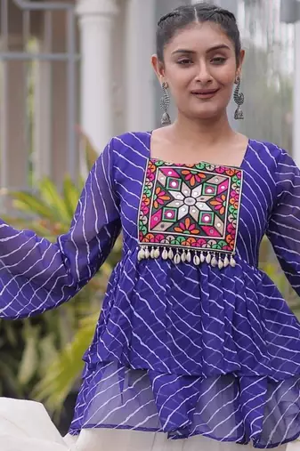 Blue Georgette Leheriya Print Katchi Peplum Blouse With Flared Lehenga