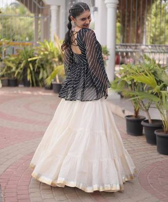 Black Georgette Leheriya Print Katchi Peplum Blouse With Flared Lehenga 3