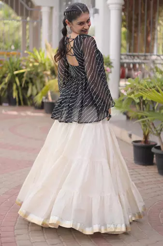 Black Georgette Leheriya Print Katchi Peplum Blouse With Flared Lehenga