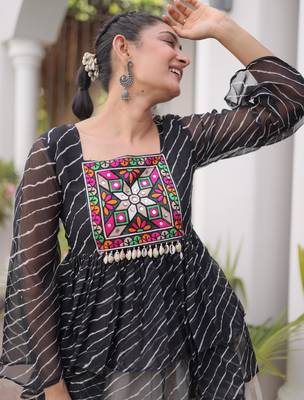Black Georgette Leheriya Print Katchi Peplum Blouse With Flared Lehenga 4