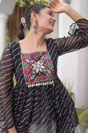 Black Georgette Leheriya Print Katchi Peplum Blouse With Flared Lehenga