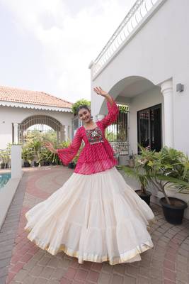 Pink Georgette Leheriya Print Katchi Peplum Blouse With Flared Lehenga 1