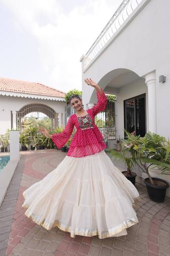 Pink Georgette Leheriya Print Katchi Peplum Blouse With Flared Lehenga