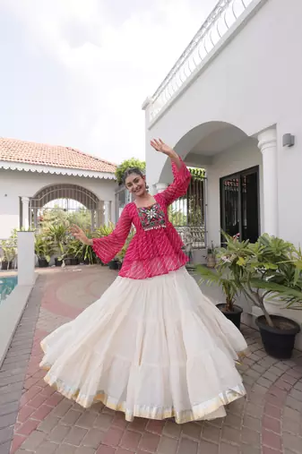 Pink Georgette Leheriya Print Katchi Peplum Blouse With Flared Lehenga