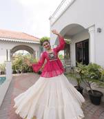 Pink Georgette Leheriya Print Katchi Peplum Blouse With Flared Lehenga