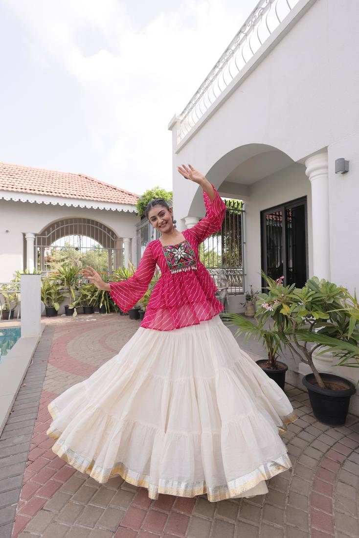 Pink Georgette Leheriya Print Katchi Peplum Blouse With Flared Lehenga