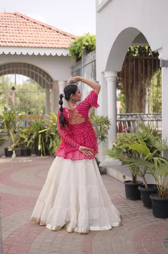 Pink Georgette Leheriya Print Katchi Peplum Blouse With Flared Lehenga