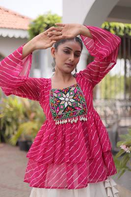 Pink Georgette Leheriya Print Katchi Peplum Blouse With Flared Lehenga 3