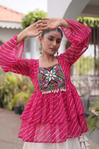 Pink Georgette Leheriya Print Katchi Peplum Blouse With Flared Lehenga