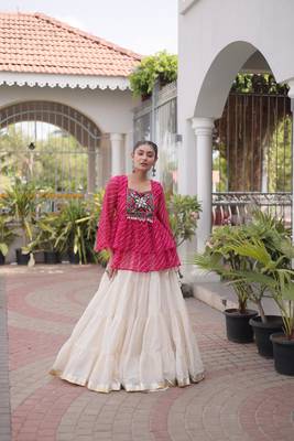 Pink Georgette Leheriya Print Katchi Peplum Blouse With Flared Lehenga 4