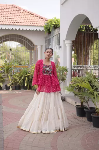 Pink Georgette Leheriya Print Katchi Peplum Blouse With Flared Lehenga