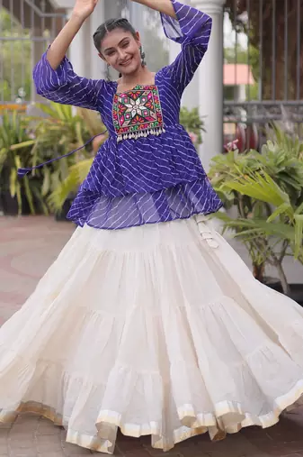 Blue Georgette Leheriya Print Katchi Peplum Blouse With Flared Lehenga