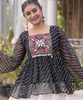 Black Georgette Leheriya Print Katchi Peplum Blouse With Flared Lehenga 5
