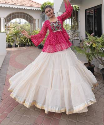 Pink Georgette Leheriya Print Katchi Peplum Blouse With Flared Lehenga 5