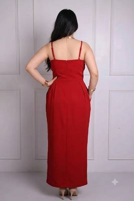 Red floral applique crepe strapless maxi dress for women 4