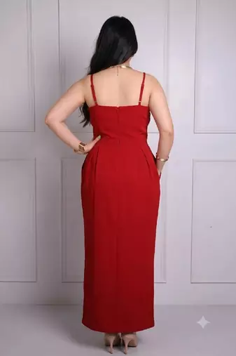 Red floral applique crepe strapless maxi dress for women