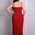 Red floral applique crepe strapless maxi dress for women
