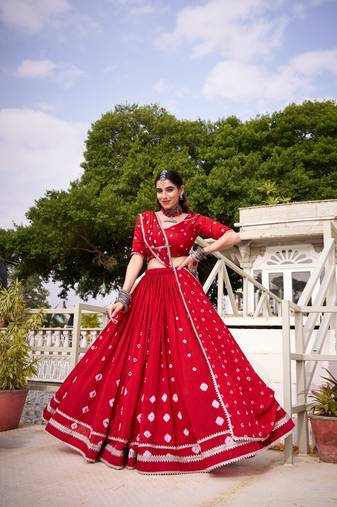 Red Bandhej Print With Lace Touch Up Pure Chanderi Flared Lehenga Lehenga Choli With Blouse