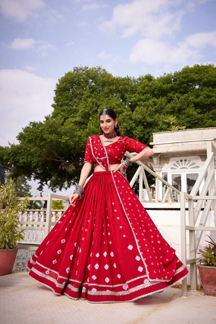Red Bandhej Print With Lace Touch Up Pure Chanderi Flared Lehenga Lehenga Choli With Blouse