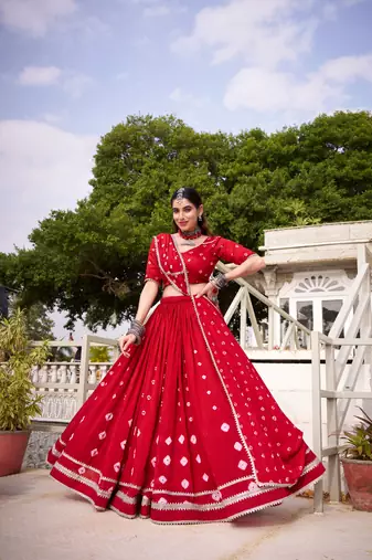 Red Bandhej Print With Lace Touch Up Pure Chanderi Flared Lehenga Lehenga Choli With Blouse