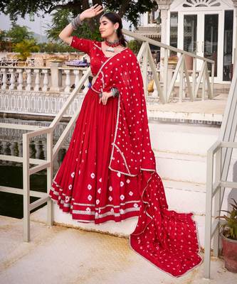 Red Bandhej Print With Lace Touch Up Pure Chanderi Flared Lehenga Lehenga Choli With Blouse 2