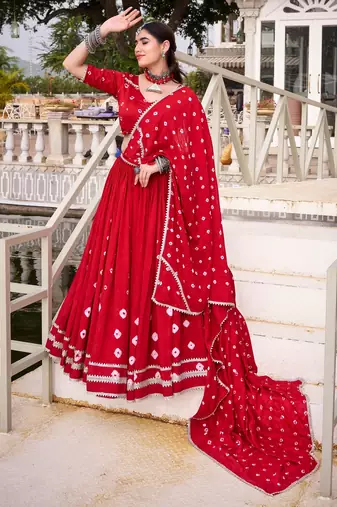 Red Bandhej Print With Lace Touch Up Pure Chanderi Flared Lehenga Lehenga Choli With Blouse
