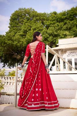Red Bandhej Print With Lace Touch Up Pure Chanderi Flared Lehenga Lehenga Choli With Blouse 3