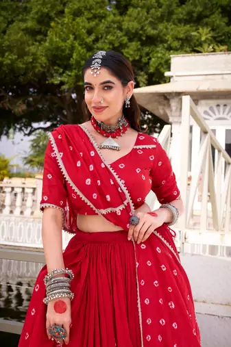 Red Bandhej Print With Lace Touch Up Pure Chanderi Flared Lehenga Lehenga Choli With Blouse