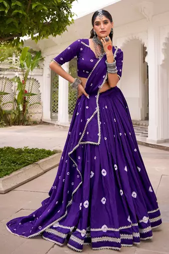 PURPLE Bandhej Print With Lace Touch Up Pure Chanderi Flared Lehenga Lehenga Choli With Blouse