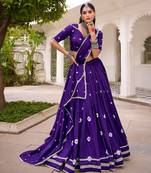 PURPLE Bandhej Print With Lace Touch Up Pure Chanderi Flared Lehenga Lehenga Choli With Blouse