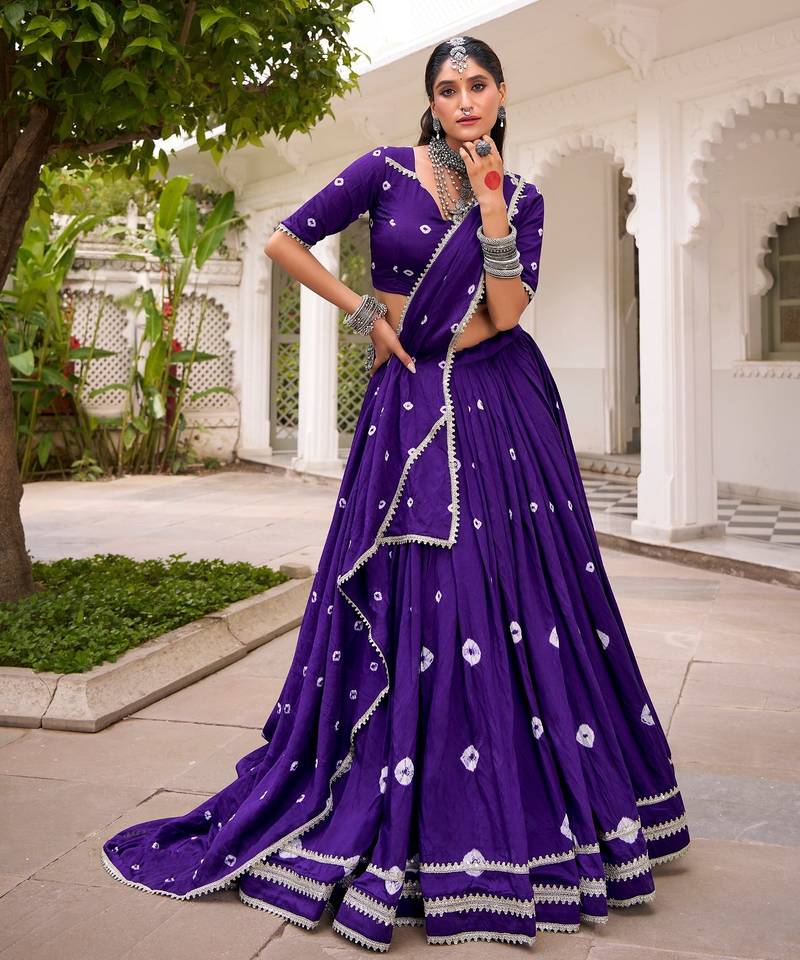 PURPLE Bandhej Print With Lace Touch Up Pure Chanderi Flared Lehenga Lehenga Choli With Blouse