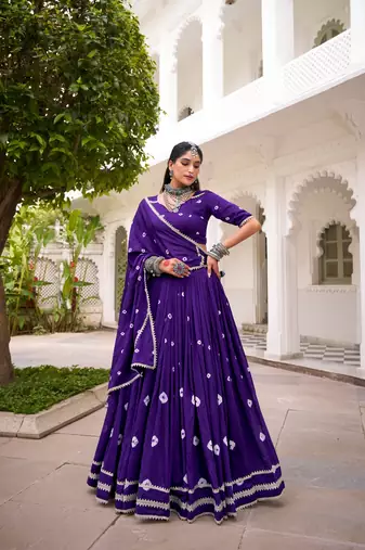 PURPLE Bandhej Print With Lace Touch Up Pure Chanderi Flared Lehenga Lehenga Choli With Blouse