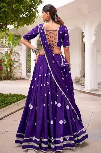 PURPLE Bandhej Print With Lace Touch Up Pure Chanderi Flared Lehenga Lehenga Choli With Blouse
