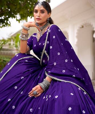 PURPLE Bandhej Print With Lace Touch Up Pure Chanderi Flared Lehenga Lehenga Choli With Blouse 4