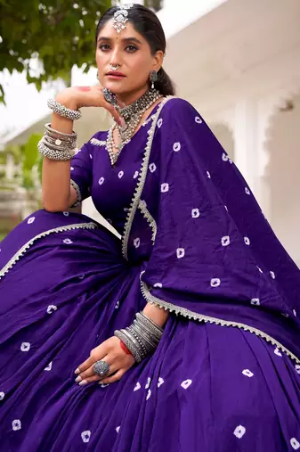 PURPLE Bandhej Print With Lace Touch Up Pure Chanderi Flared Lehenga Lehenga Choli With Blouse