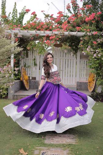 Purple & White Lotus Flower Gota & Mirror Lace Work Roman Flared Lehenga With Kutchi Gamthi Blouse Set