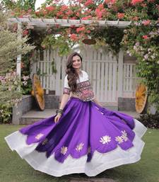 Purple & White Lotus Flower Gota & Mirror Lace Work Roman Flared Lehenga With Kutchi Gamthi Blouse Set