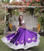Purple & White Lotus Flower Gota & Mirror Lace Work Roman Flared Lehenga With Kutchi Gamthi Blouse Set