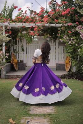 Purple & White Lotus Flower Gota & Mirror Lace Work Roman Flared Lehenga With Kutchi Gamthi Blouse Set 2