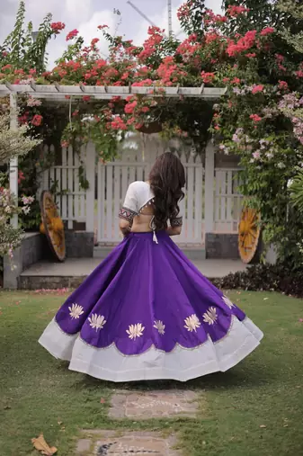 Purple & White Lotus Flower Gota & Mirror Lace Work Roman Flared Lehenga With Kutchi Gamthi Blouse Set