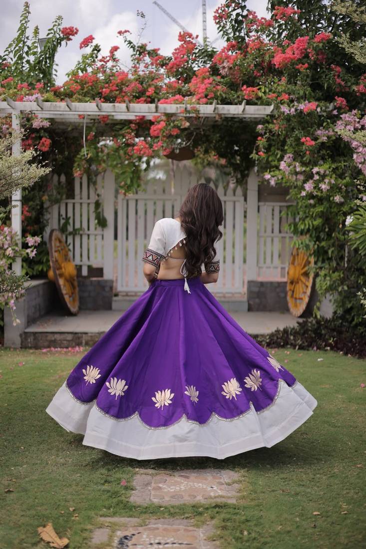 Purple & White Lotus Flower Gota & Mirror Lace Work Roman Flared Lehenga With Kutchi Gamthi Blouse Set
