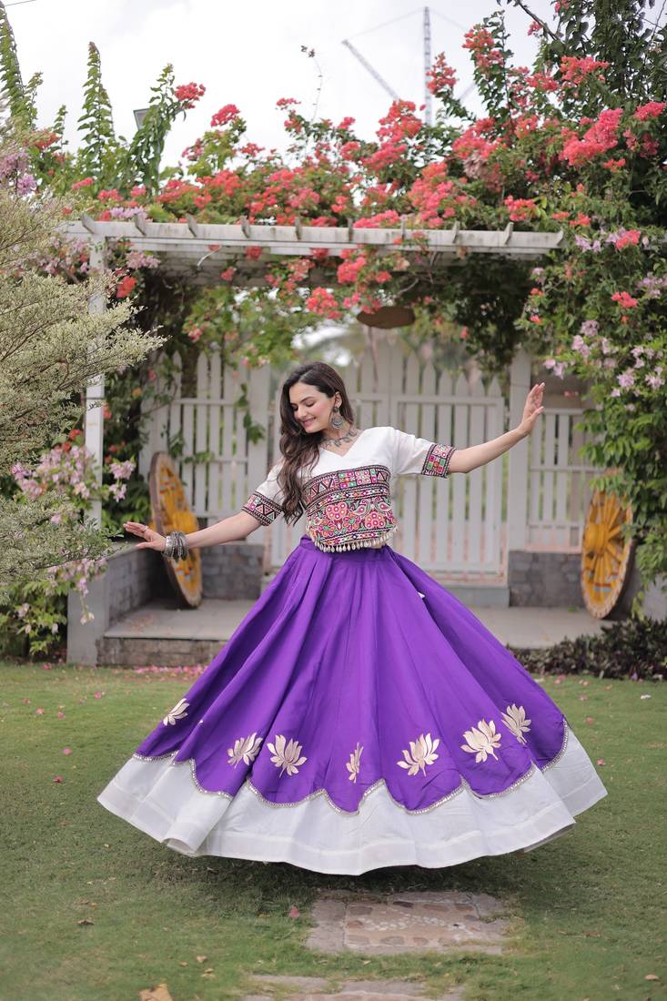 Purple & White Lotus Flower Gota & Mirror Lace Work Roman Flared Lehenga With Kutchi Gamthi Blouse Set