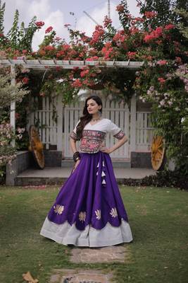 Purple & White Lotus Flower Gota & Mirror Lace Work Roman Flared Lehenga With Kutchi Gamthi Blouse Set 4