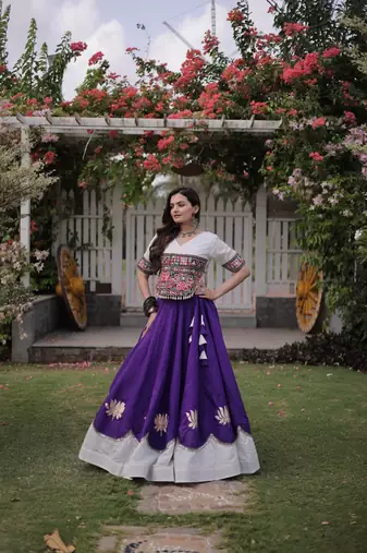 Purple & White Lotus Flower Gota & Mirror Lace Work Roman Flared Lehenga With Kutchi Gamthi Blouse Set