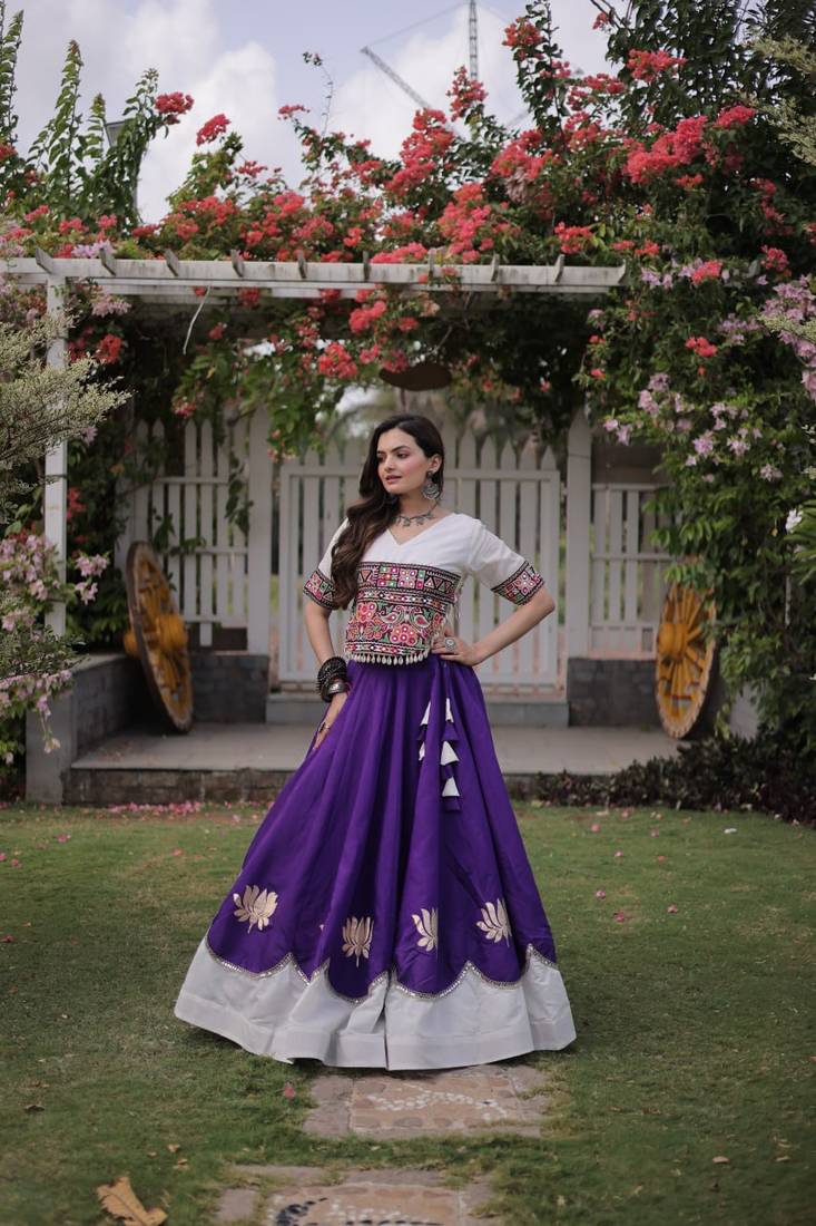 Purple & White Lotus Flower Gota & Mirror Lace Work Roman Flared Lehenga With Kutchi Gamthi Blouse Set